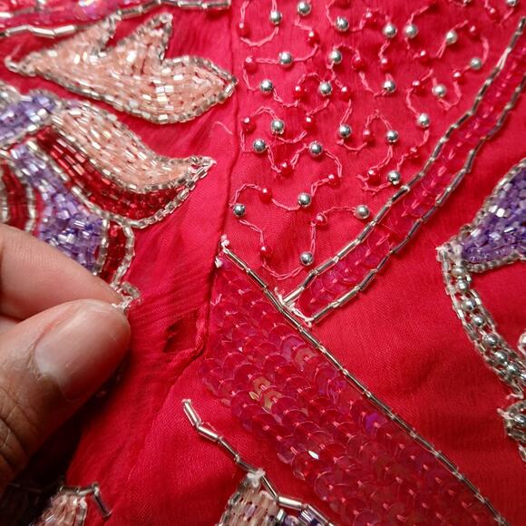 Ramana Red Beaded Sequin Silk Blend Tunic Top Size 18 Embroidered Floral Vintage - Picture 3 of 14